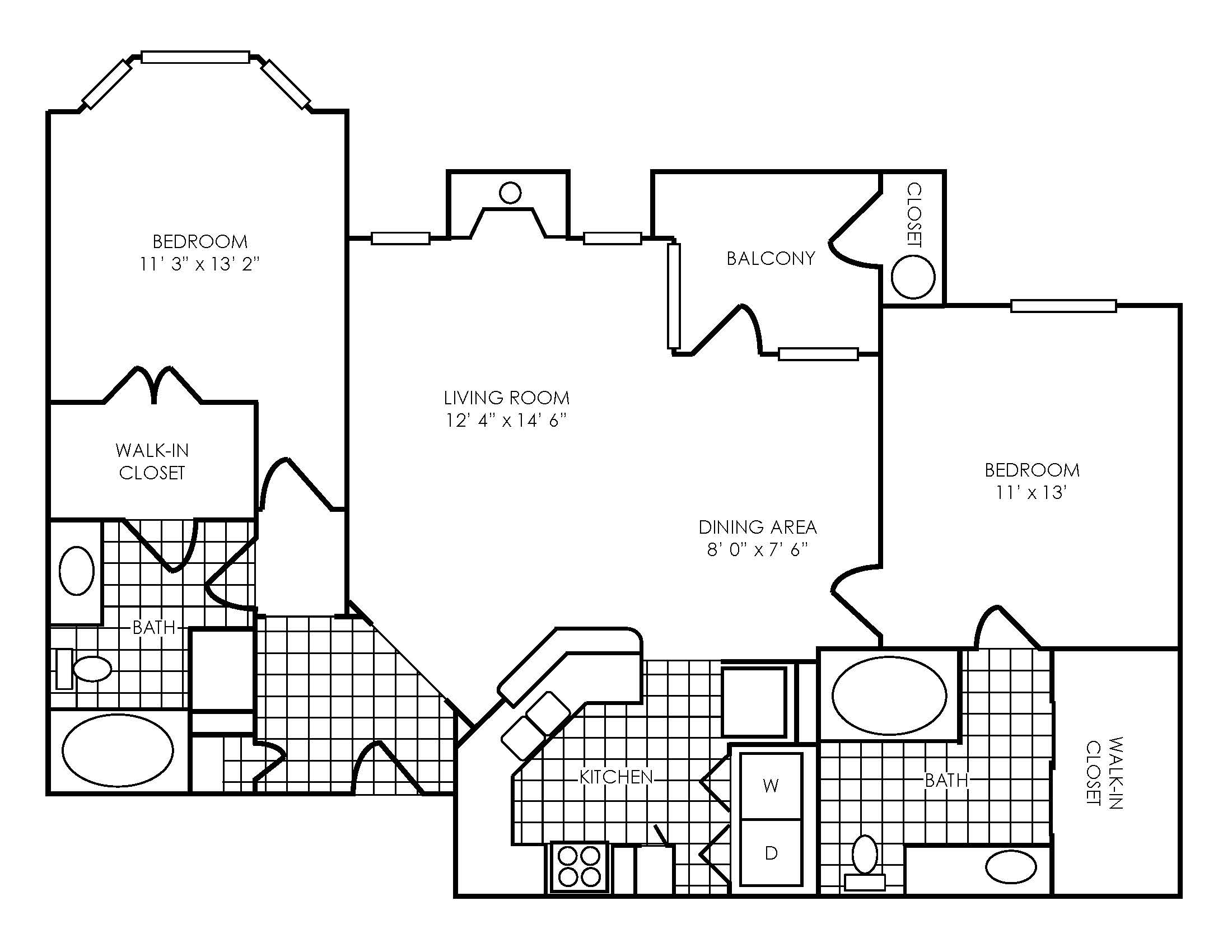 Floor plan for 2 beds, 2 baths, 1156 sqft